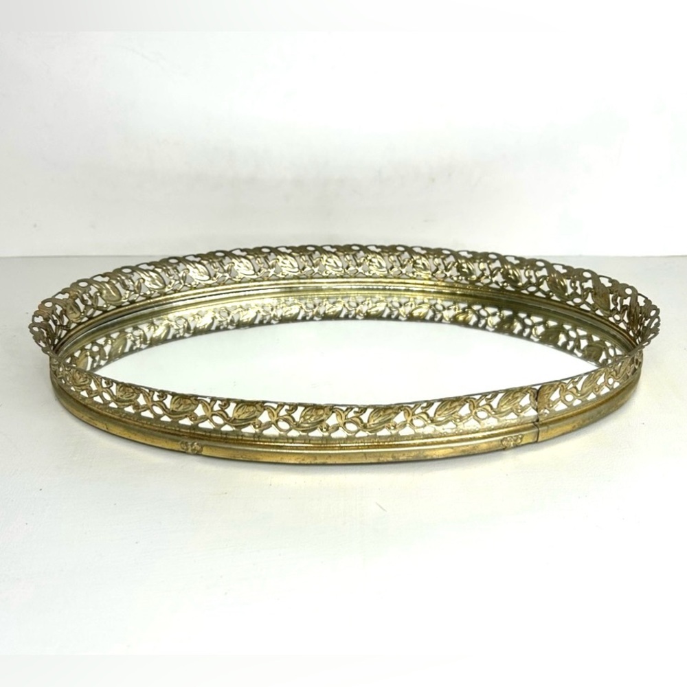 Vintage Mirror Vanity Tray Filigree Oval Purfume Display Gold Tone Metal